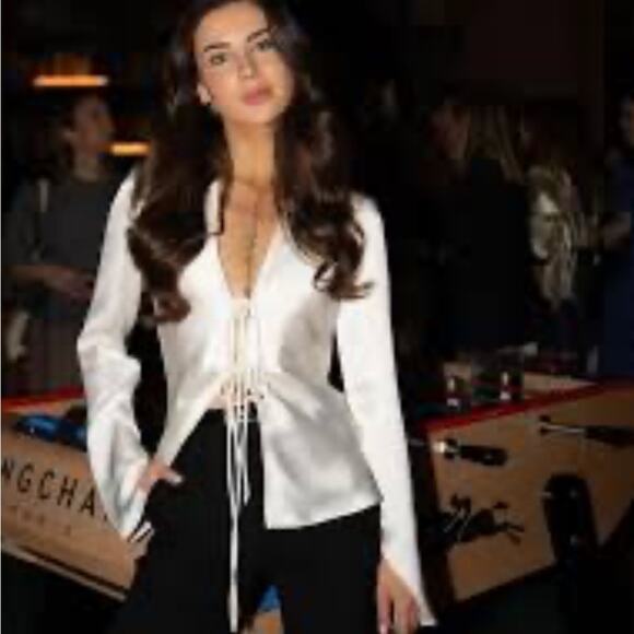 Zara Ivory Lace-Up Satin Blouse NWT Size Large - Picture 3 of 6